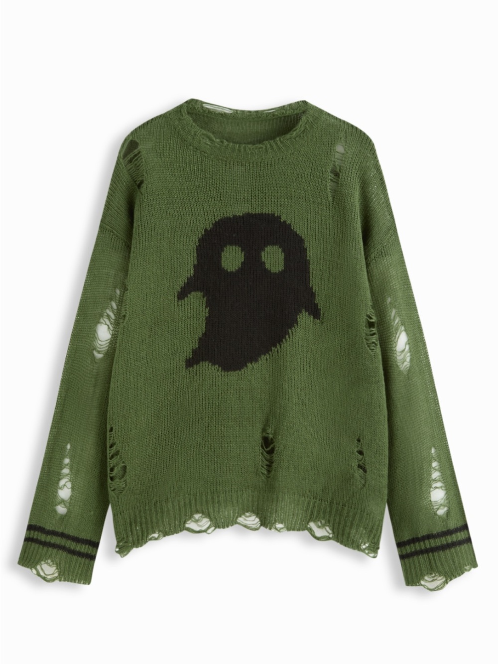 Cider Olive Green Distressed Ghost Crewneck Sweater with Black Motif